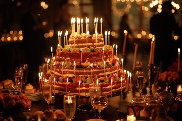 A birthday cake with lit candles on top, A birthday party scene with a large, tiered cake and lit candles