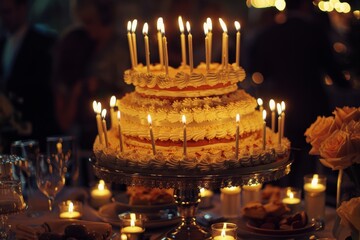 A large tiered cake with glowing candles on a table, ready for a birthday celebration, A birthday party scene with a large, tiered cake and lit candles
