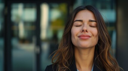 Naklejka premium Serene Young Caucasian Woman Enjoying a Moment of Peace Outside Modern Office