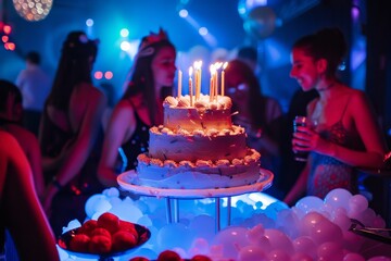 Diverse group of individuals gathered around a large birthday cake at a party, A birthday party scene with a large, tiered cake and lit candles - Powered by Adobe