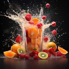 Dynamic Sports Smoothie Blend: Studio-lit Diagonal Arrangement, Bold Contrasts, Pouring Focus, Close-up Fruit Details, Layered Visuals in Glass, Showcasing Ingredients' Vibrancy in Blending Action.