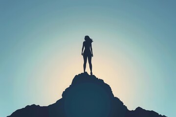 A silhouette of a businesswoman stands on the peak of a mountain, symbolizing success and achievement, Sharpen banner template with copy space on center