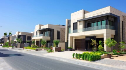 modern townhouses, featuring pristine white walls accented with wooden elements, flanked by lush greenery and trees, under the vast blue sky, with an empty road stretching in front of the buildings.