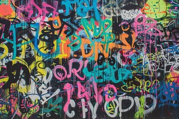 Colorful graffiti covers a wall, creating a vibrant and eye-catching mural of urban art, A blackboard graffiti mural showcasing vibrant street art and urban influences