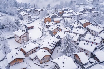 Fresh snow blankets rooftops and streets in an aerial view of a village in winter, A blanket of fresh snow covering rooftops and streets in a quaint village