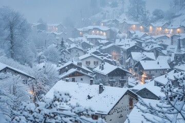 Snow covers rooftops and streets in a village with numerous houses and trees, A blanket of fresh snow covering rooftops and streets in a quaint village