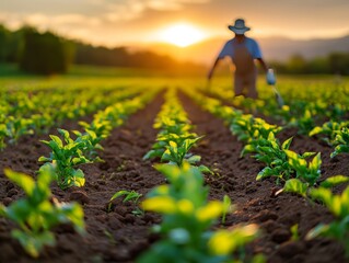 A man in a straw hat is working in a field of green plants. The sun is setting in the background, casting a warm glow over the scene. The man is tending to the plants