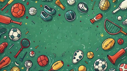 Colorful hand drawn doodle sports equipment on green background