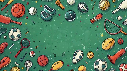 Naklejka premium Colorful hand drawn doodle sports equipment on green background