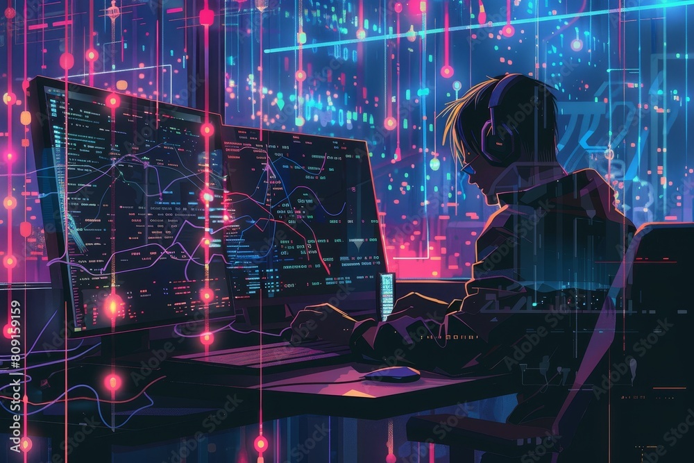 Poster a blockchain security specialist focused on a computer at a desk, a blockchain security specialist s