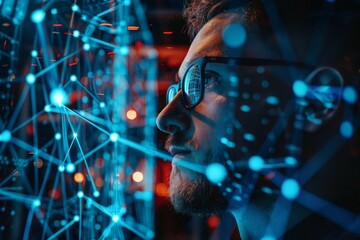 Blockchain security specialist wearing glasses, focused on computer screen, A blockchain security specialist securing a decentralized network