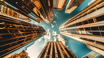 skyscrapers in the cityscape from a ground-level perspective, against the backdrop of a clear blue sky and the pristine white facades of a bustling business center. - Powered by Adobe