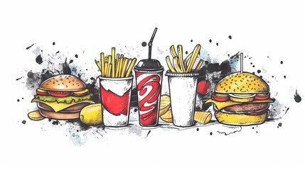 Fast food. Two burgers, kartoshka fri and a soft drink.