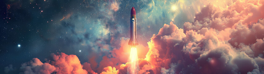 Fototapeta premium A vibrant 3D rocket launching into the universe, captured in brilliant natural lighting and designed to inspire futuristic travels and technological dreams.