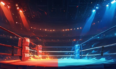 An illustration of boxing ring illuminated with red and blue stage lights. 