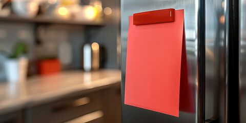 Paper, note and mockup on a fridge for grocery, reminder or supermarket checklist in a house kitchen. Empty, space and refrigerator notepad sheet in a home for writing, shopping or creative message