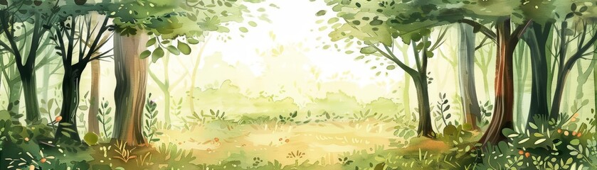 Fototapeta premium A watercolor of a tranquil forest scene in minimal styles, clipart watercolor easy detail on white background