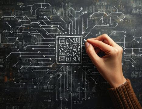 Hand drawing a QR code on a complex digital circuit board background