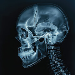 The depths of human anatomy with this x-ray image showcasing the detailed structure of a human skull set against a dark background, ideal for medical and educational use.