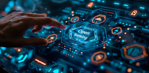 Futuristic digital interface for open banking concept with user interaction