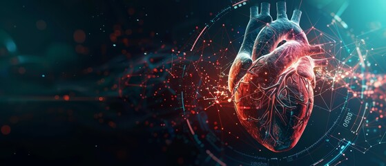 An abstract fusion of a human heart and futuristic medical machinery highlights the innovative approaches in cardiology, Sharpen banner template with copy space on center