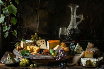 A platter filled with assorted cheeses and bunches of grapes displayed on a table, A bohemian table with a platter of assorted cheeses and a carafe of wine