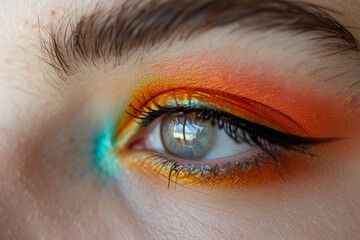 Obraz premium Close-up of a womans eye with vibrant orange and blue eyeshadow, creating a bold and striking look, A bold and colorful eyeshadow look inspired by a tropical paradise