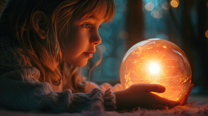 Naklejka premium A world of enchantment with this image of a child discovering the magical light of a glowing orb. The young girl's awe and wonder are palpable, evoking a sense of curiosity and exploration.