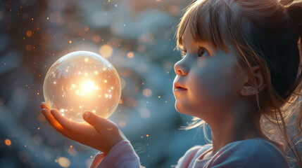 Naklejka premium An enchanted exploration as a young girl discovers the mesmerizing glow of a magical orb in free space. This realistic portrait captures the innocence and joy of childhood discovery.