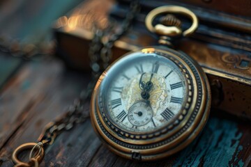 A detailed view of a classic pocket watch hanging on a chain, showcasing intricate details and craftsmanship, A bond that withstands time and challenges
