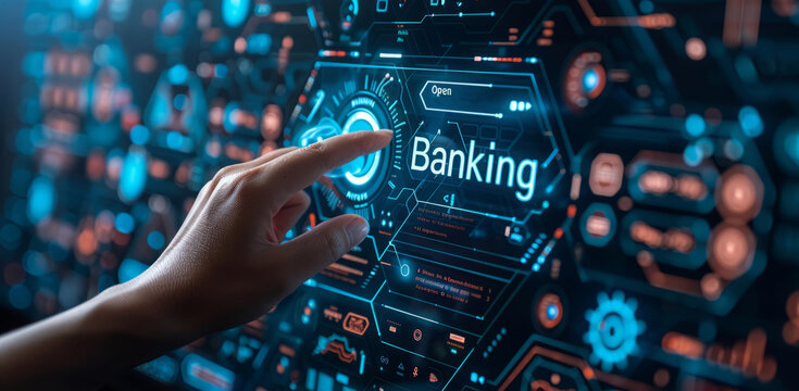 Futuristic digital interface for open banking concept with user interaction