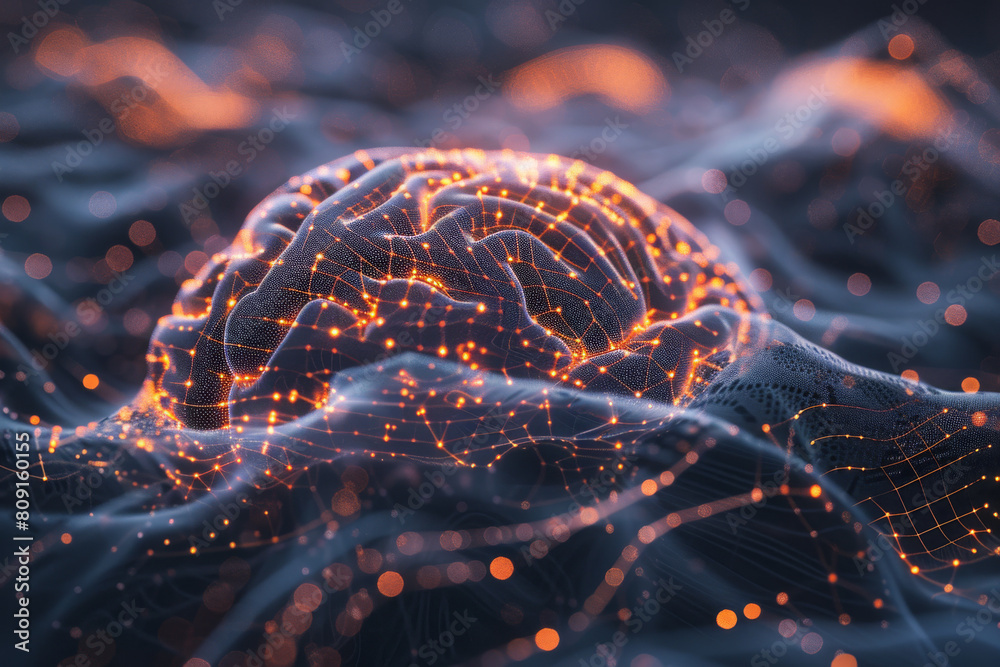 Poster a computer generated image of a brain made of lines and dots