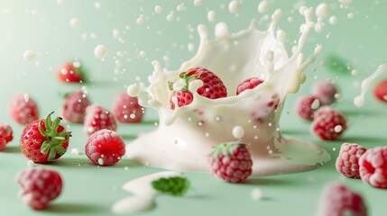 A splash of milk with strawberries and raspberries on the ight green background.