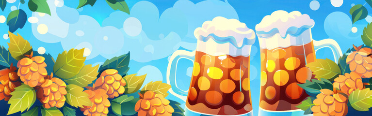 Illustration of an Oktoberfest banner, two glasses of beer with hop flowers, Background
