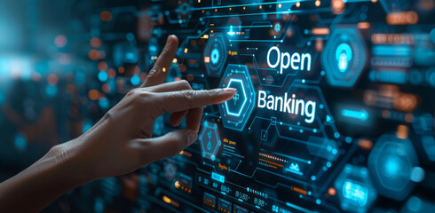 Futuristic digital interface for open banking concept with user interaction