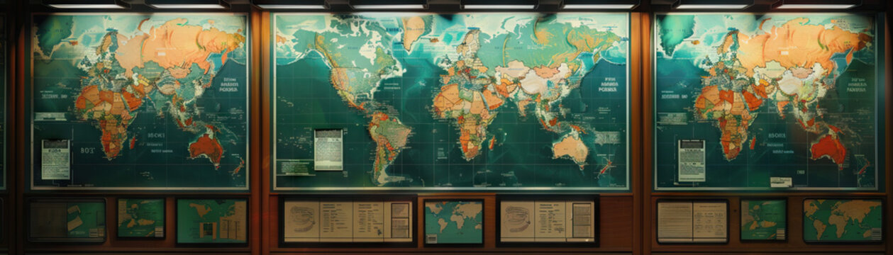 Political Scientist's Wall: Featuring political theory diagrams, world maps, and a board with research project outlines