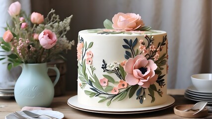 A rustic and charming birthday cake, featuring a hand-painted floral design and a homemade feel, reminiscent of a cozy countryside celebration. - obrazy, fototapety, plakaty