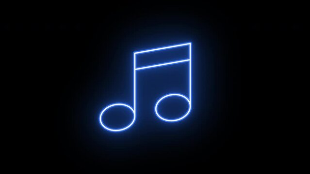 Neon music icon animation, flickering emergence and fading. Glowing neon music note, looped animation. Melody sound, musical note, music track, audio podcast, song, disco party. Violet, blue, azure