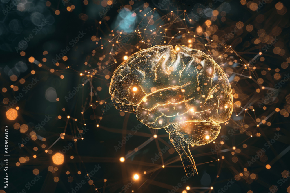 Poster a computer generated image of a brain surrounded by glowing dots