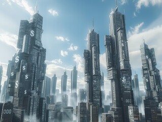 A futuristic cityscape with tall buildings and a lot of money. The buildings are covered in dollar signs, giving the impression of a bustling financial hub. The sky is clear and blue