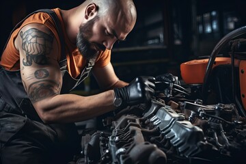 Experienced Mechanic use wrench. Engine auto person. Generate Ai