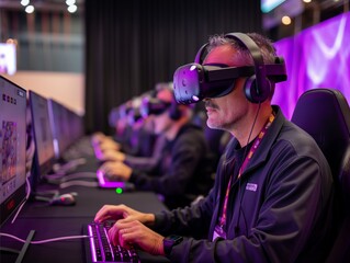 A man is playing a video game with a group of people. The man is wearing a headset and is focused on the game. The atmosphere is competitive and focused