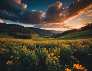 Whispers of Nature: Rolling Hills and a Mountain Cottage at Sunset, Generative AI