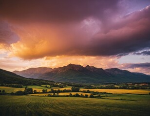 Whispers of Nature: Rolling Hills and a Mountain Cottage at Sunset, Generative AI