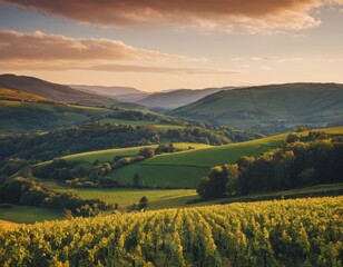 Whispers of Nature: Rolling Hills and a Mountain Cottage at Sunset, Generative AI