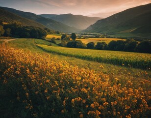 Whispers of Nature: Rolling Hills and a Mountain Cottage at Sunset, Generative AI