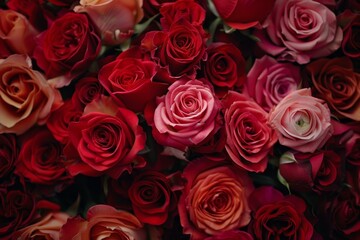 A vibrant collection of red and pink roses in a large bouquet, A bouquet of roses in various shades of red