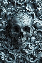 Floral Adorned Skull in Moody Blue Tones
 - obrazy, fototapety, plakaty