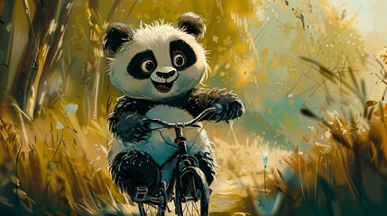 Playful panda on a bike