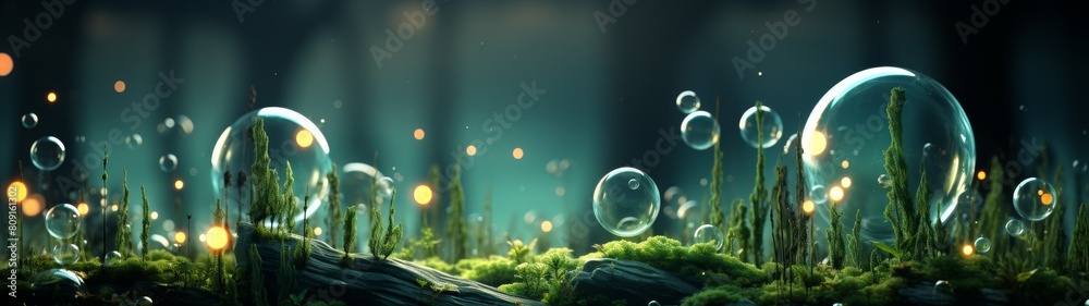 Sticker Enchanted moss forest with glowing bubbles